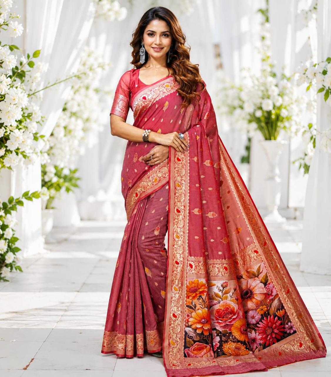Woman wearing a pink saree with floral patterns in an elegant setting.