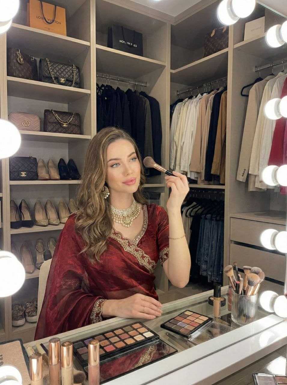 Woman applying makeup in a well-lit wardrobe with clothes and shoes on shelves.