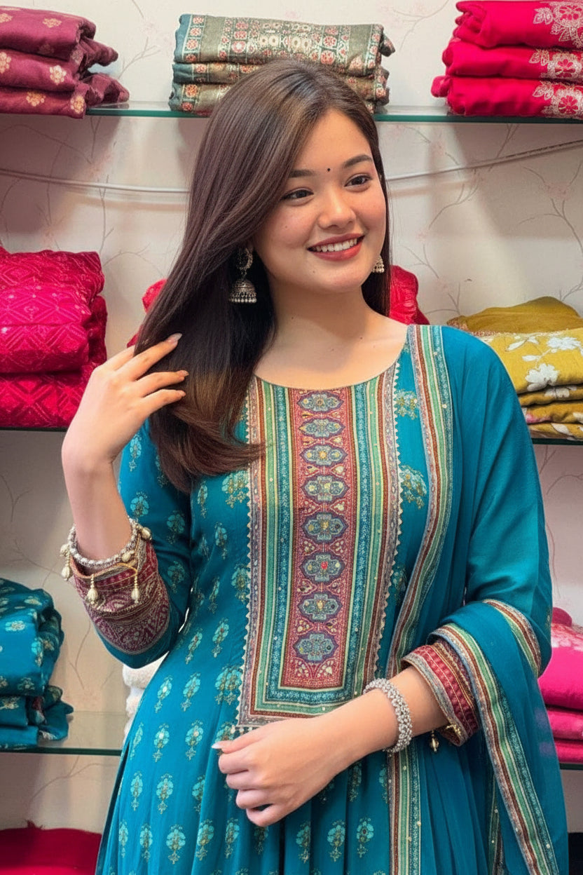 Woman taking a mirror selfie wearing a colorful traditional outfit with fabric items in the background.