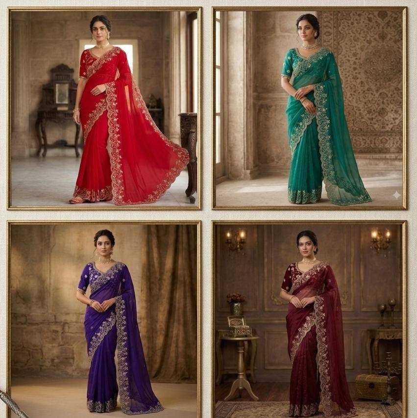 Four images of a woman wearing different colored sarees with intricate designs in an elegant indoor setting.