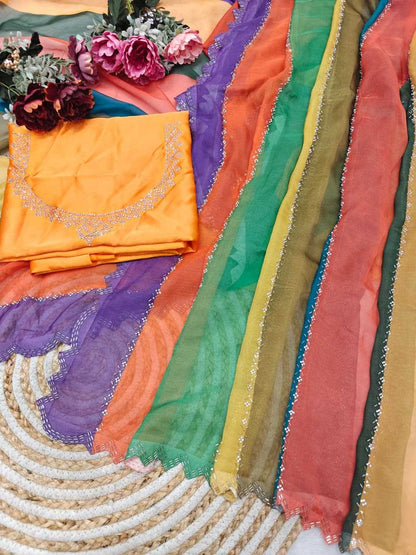 Colorful fabrics with floral decorations on a textured surface