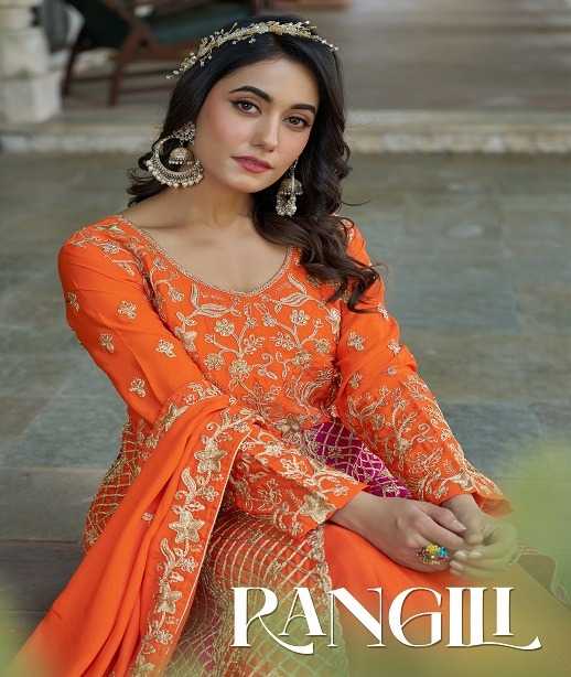Woman in an orange embroidered outfit with 'Rangill' branding.