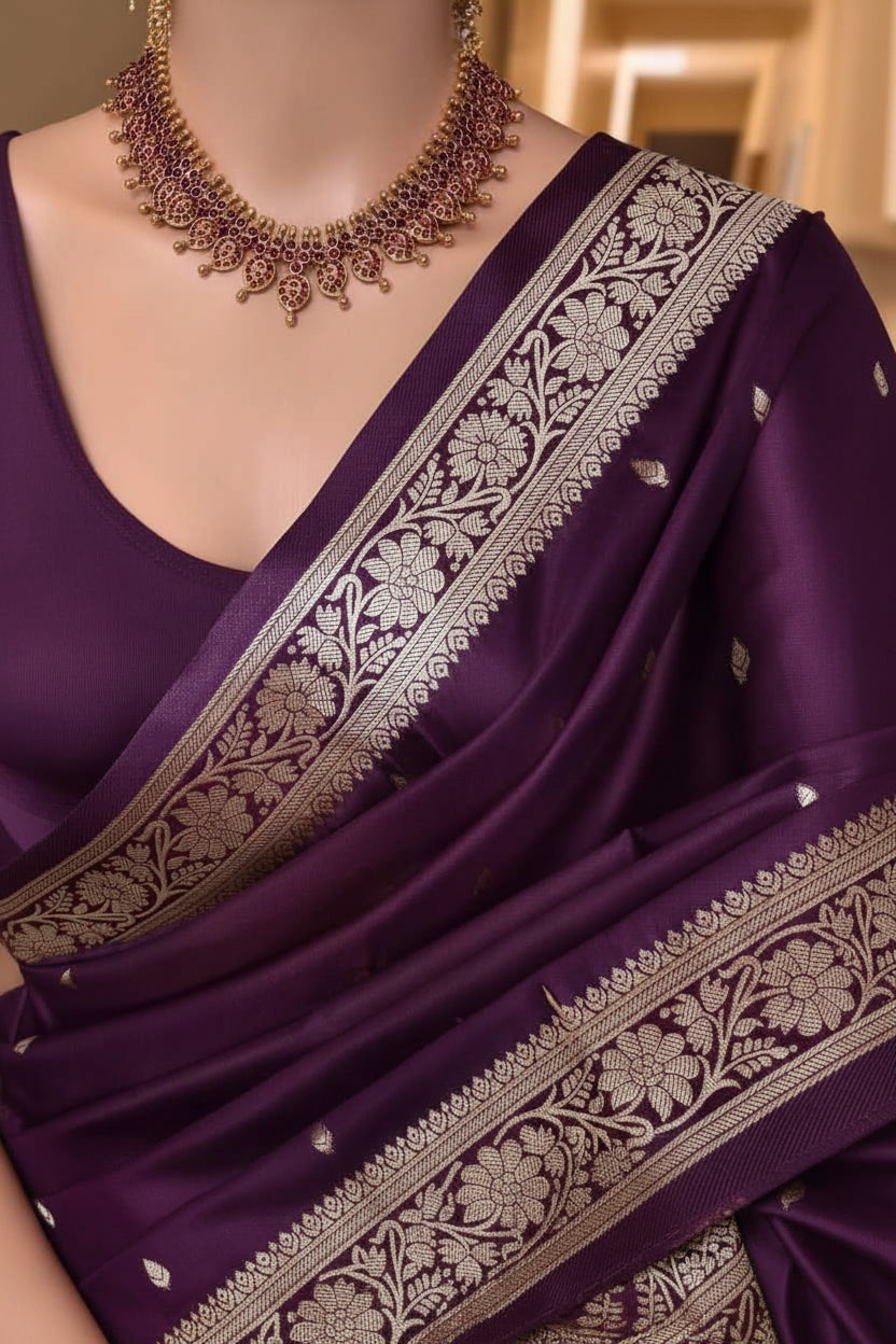 Purple saree with white floral patterns and a gold necklace on a mannequin.