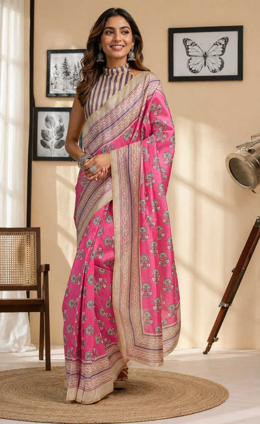 Woman wearing a pink saree with a pattern in a room with framed pictures on the wall.