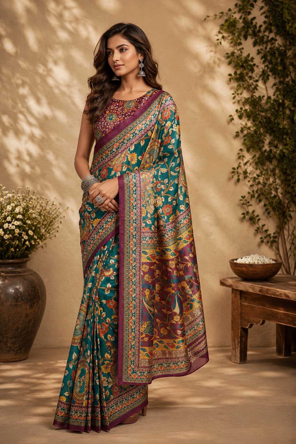 Woman wearing a colorful saree in an indoor setting with plants and a table.