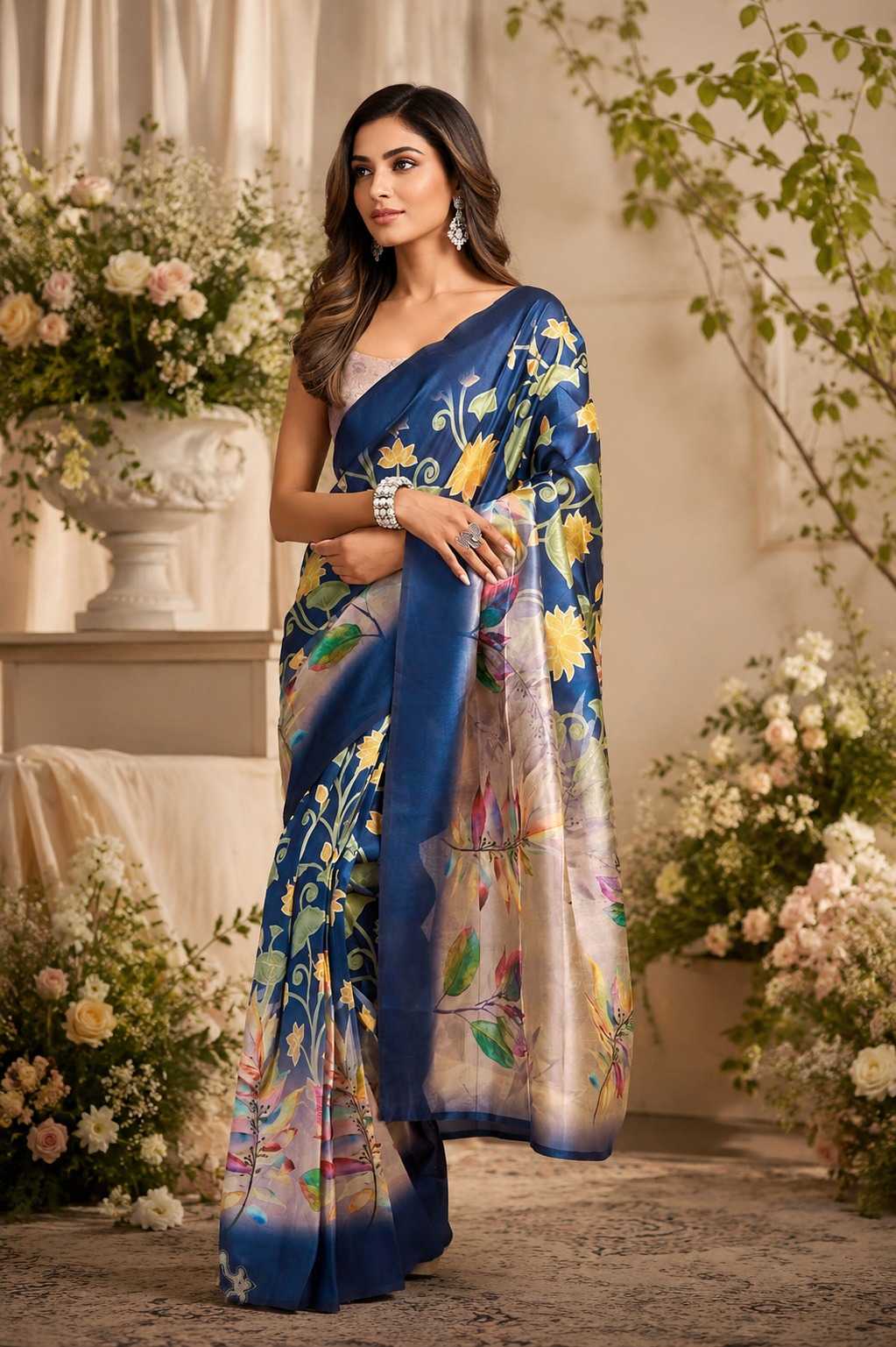Woman in a blue and multicolor saree standing among flowers and decorative elements.
