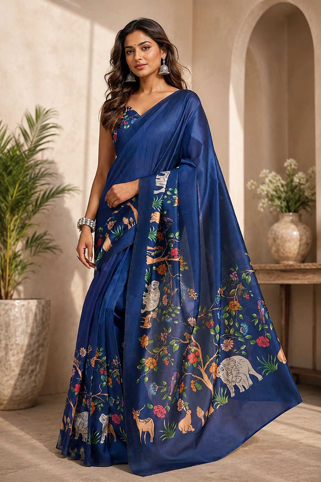 Woman wearing a blue saree with floral and animal patterns in an indoor setting.