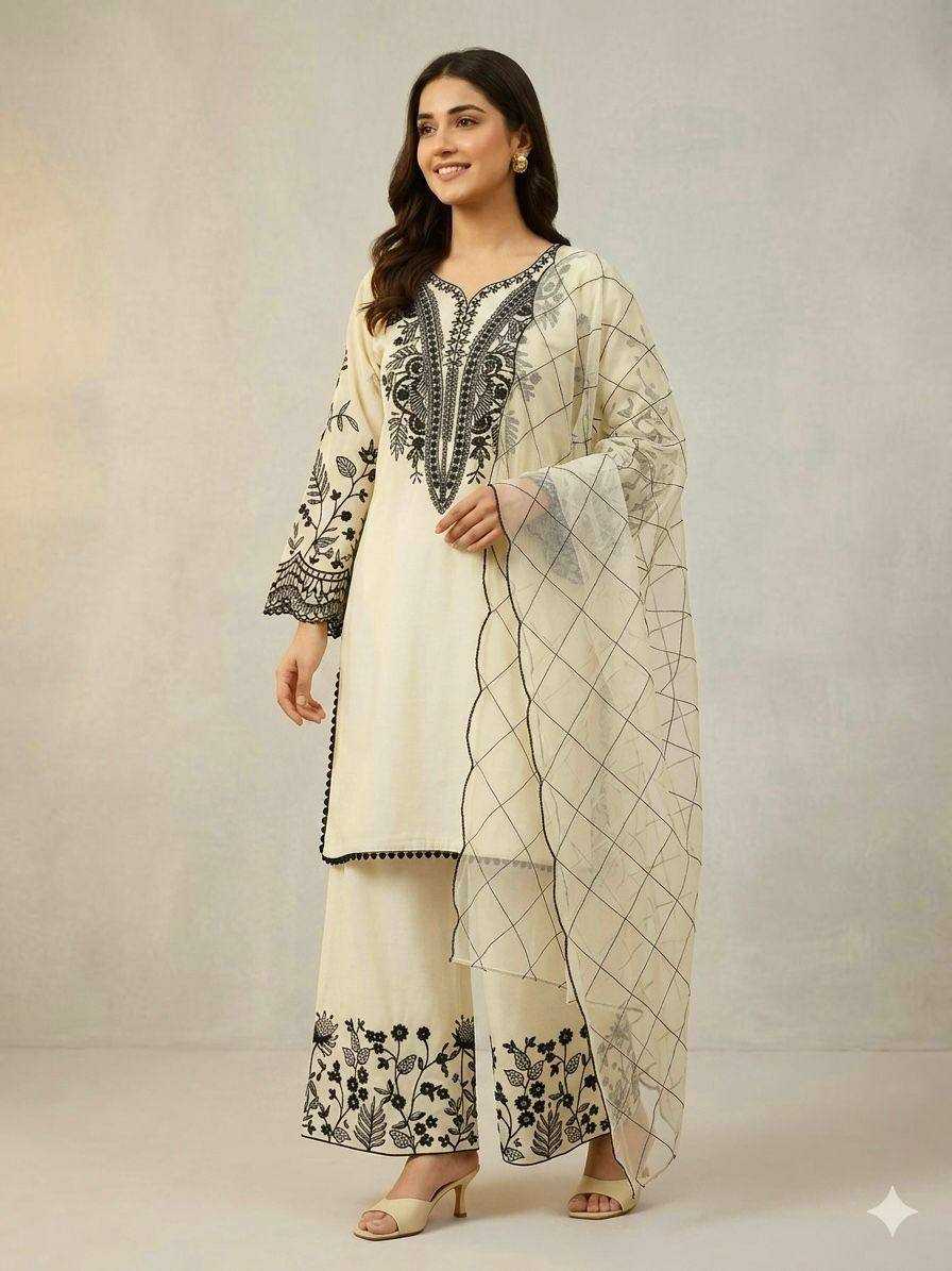 Woman wearing a traditional outfit with embroidered design on a plain background