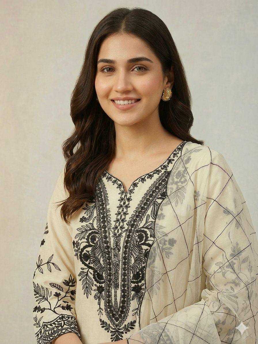 Woman wearing a traditional embroidered outfit with a neutral background
