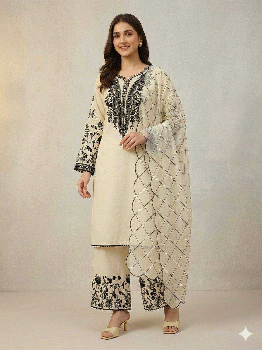 Woman wearing a white embroidered outfit with a matching dupatta on a plain background