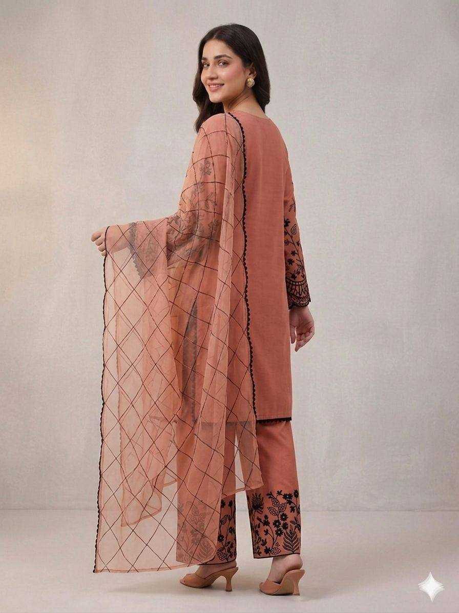 Woman wearing a peach-colored traditional outfit with a sheer dupatta on a light gray background