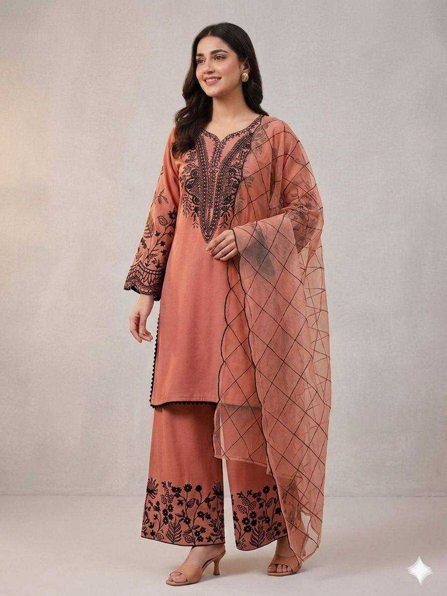 Woman wearing a peach-colored traditional outfit with intricate patterns on a plain background