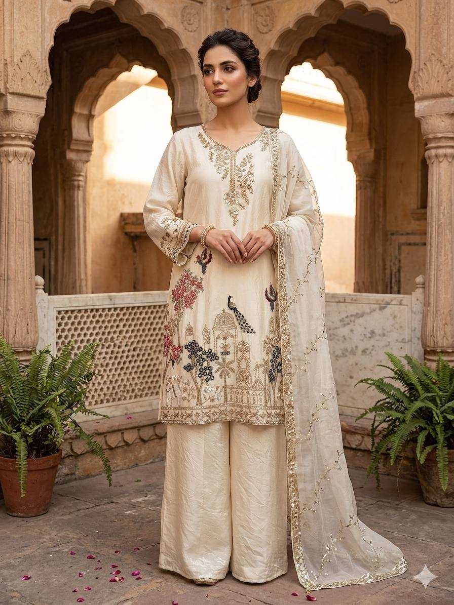 Woman in traditional embroidered outfit standing in an architectural setting with plants.