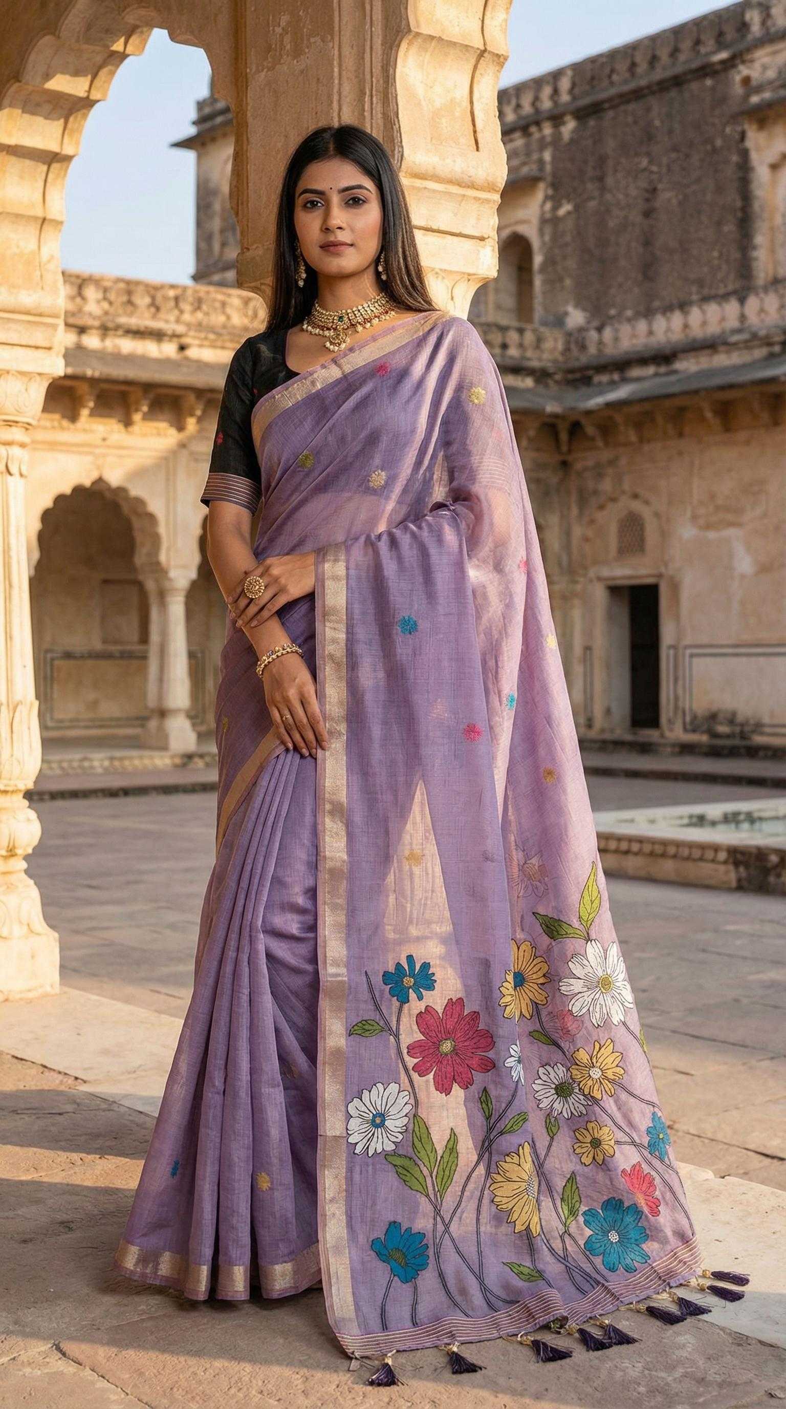 Woman in a lavender saree with floral patterns standing in an architectural setting.