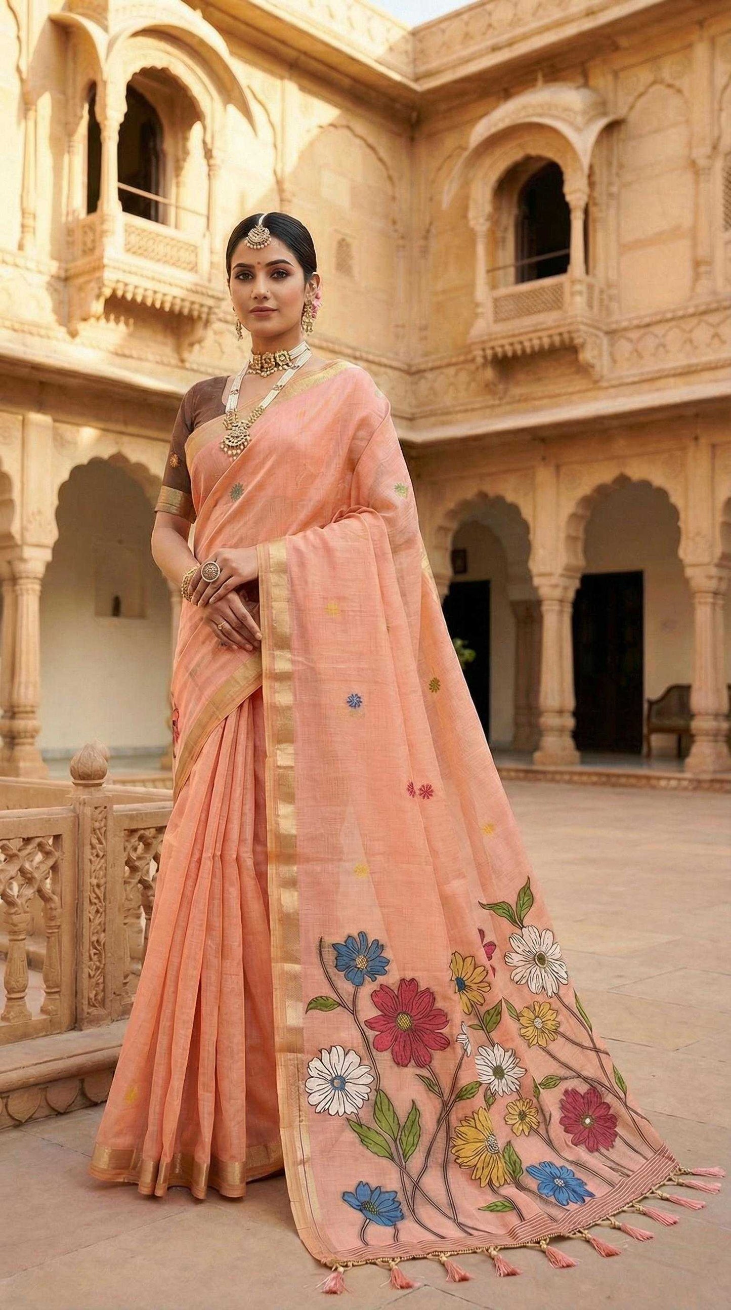 Woman in a peach saree with floral patterns in an architectural setting