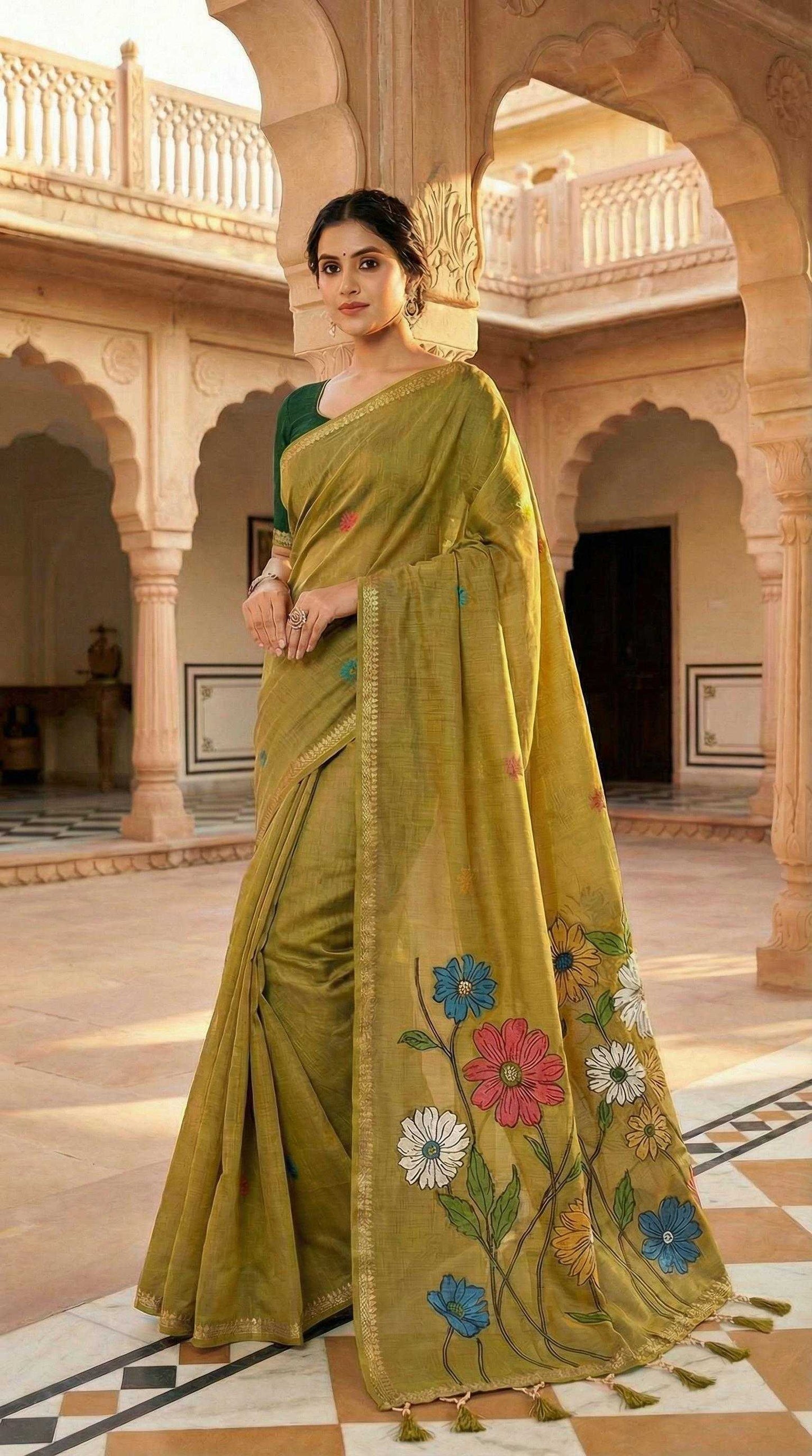 Woman in a green saree with floral patterns standing in an architectural setting.