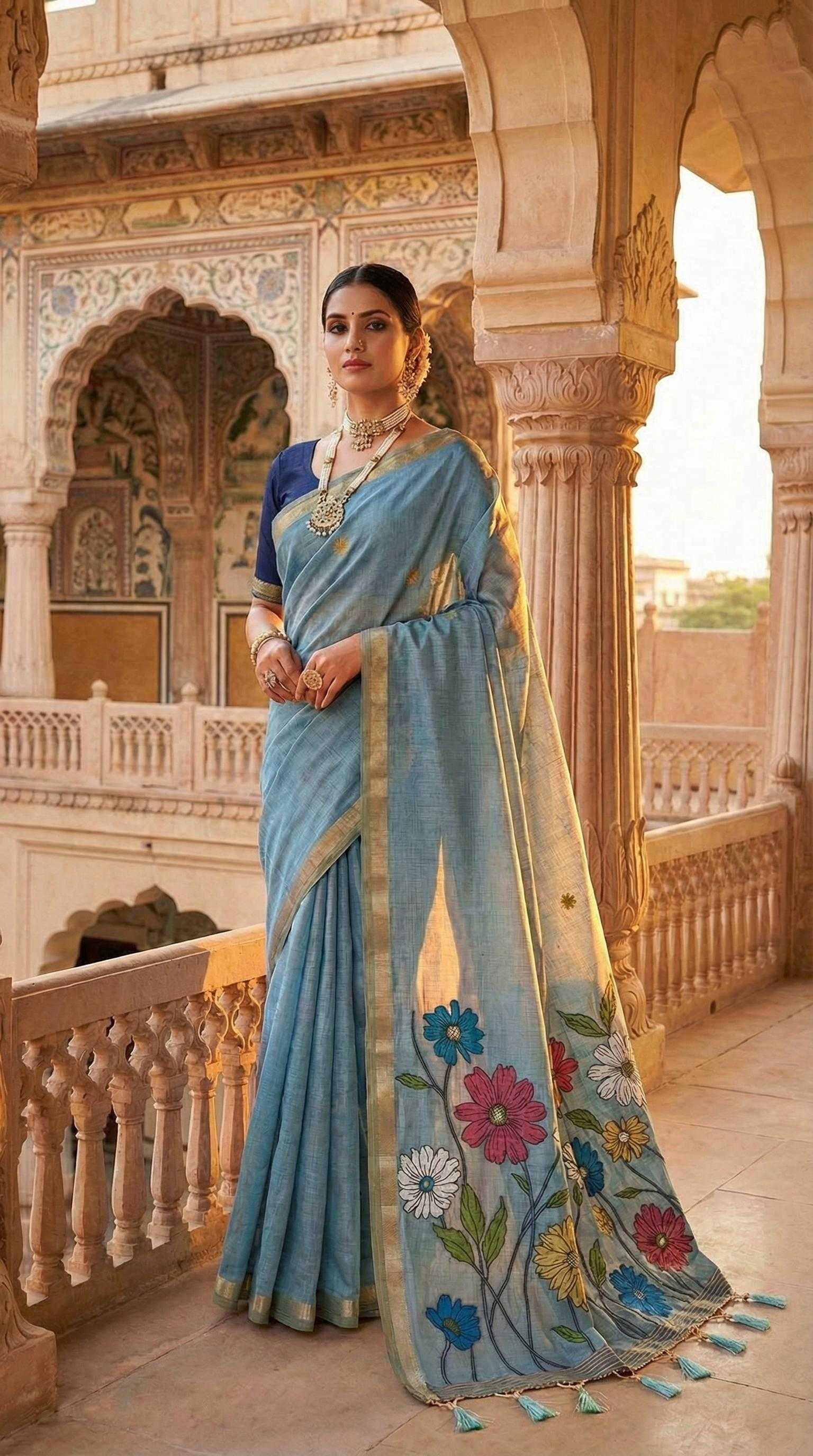 Woman in a blue saree with floral patterns standing in an architectural setting.
