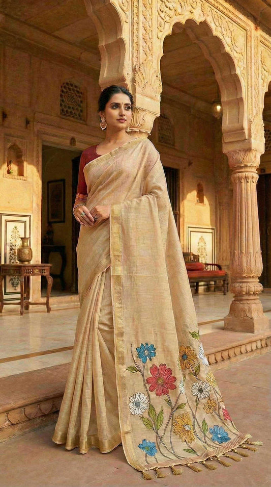 Woman in a traditional beige saree with floral patterns in an ornate indoor setting.