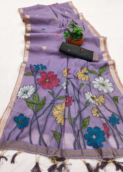 Floral embroidered purple saree with a plant and pouch on a white background