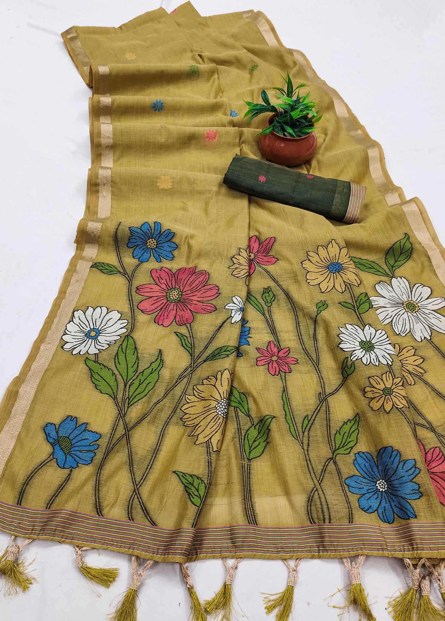 Embroidered fabric with floral patterns on a white background