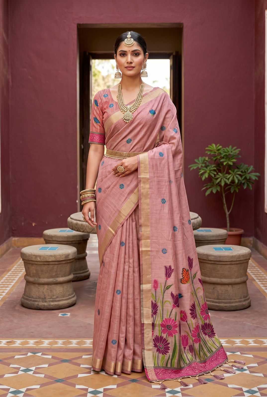 Woman in a pink saree with floral patterns standing in a doorway.
