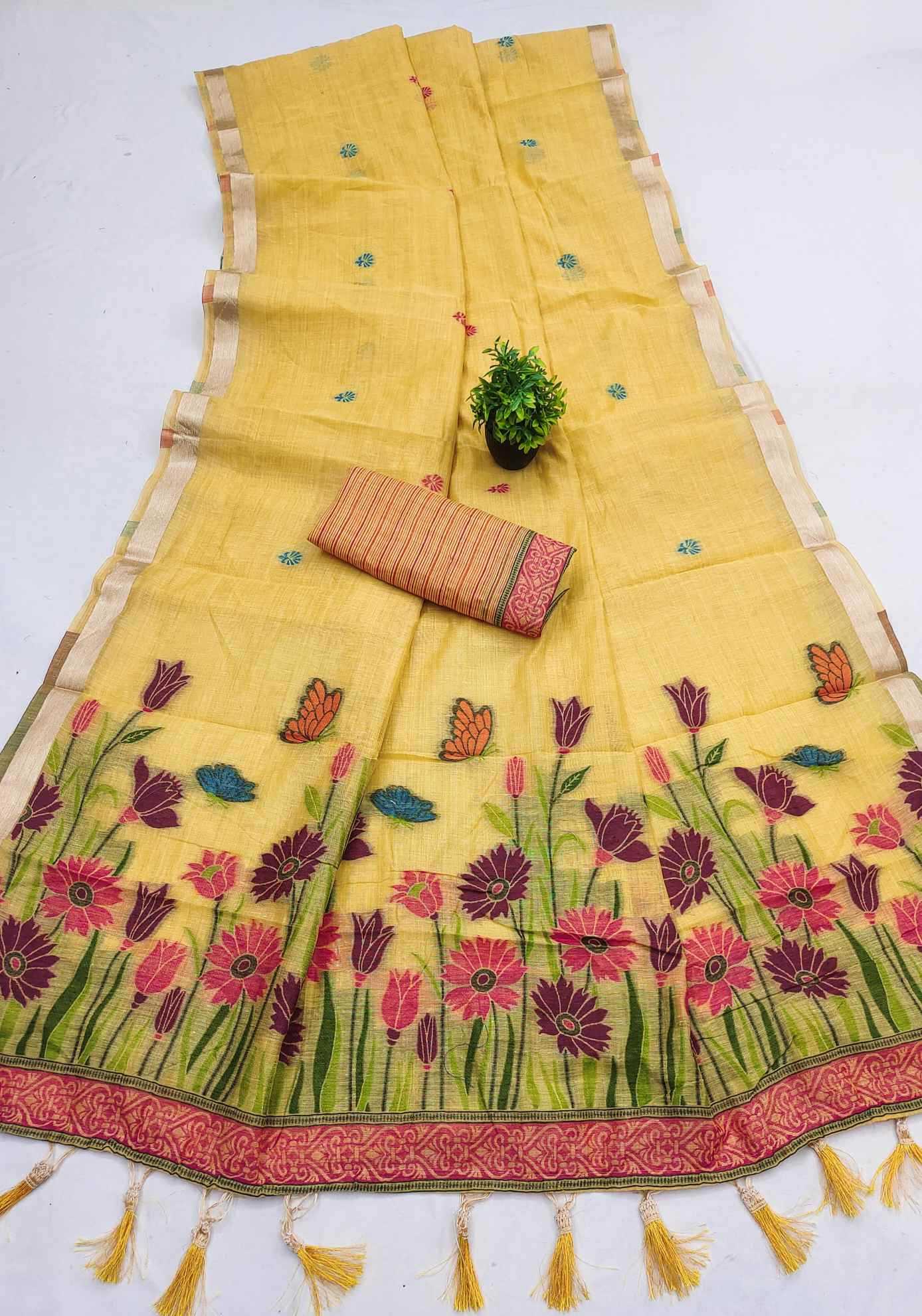Yellow saree with floral patterns on a white background
