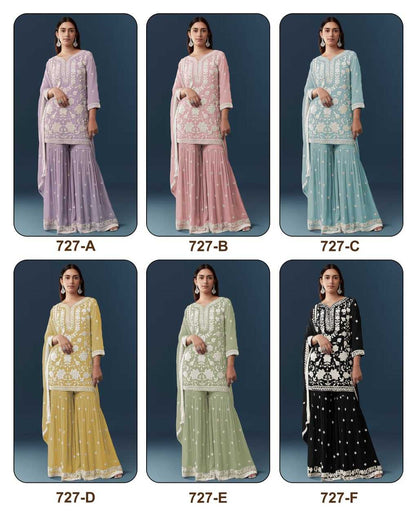 Six women modeling traditional embroidered salwar kameez sets in different colors: lavender, pink, light blue, mustard yellow, light green, and black with white embroidery, arranged in a 2x3 grid on a dark blue background with labels 727-A through 727-F.