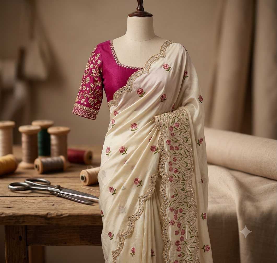 An off-white embroidered saree with a magenta pink blouse displayed on a mannequin in a sewing room setting with thread spools and scissors on a wooden table.