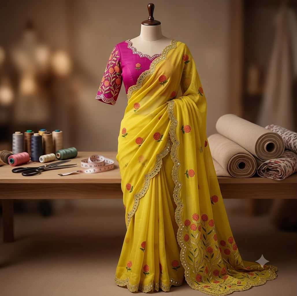 A yellow saree with red floral embroidery and a bright pink embroidered blouse displayed on a mannequin, set in a warm, softly lit sewing room with thread spools and fabric rolls on a table.