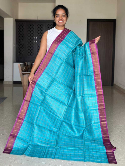 A woman modeling a bright turquoise blue saree with a purple border, standing in an indoor room.