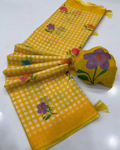 Yellow checkered fabric with floral patterns on a white background