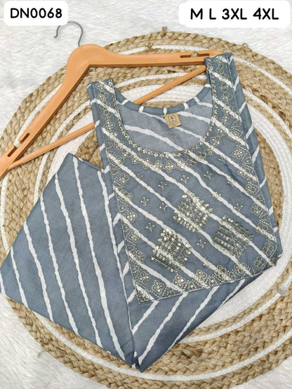 A women's sleeveless kurta top in slate blue with white vertical stripes and gold sequin embellishments, shown folded on a wooden hanger over a woven round mat. The image includes size text overlays 'M L 3XL 4XL' and 'DN0068'.