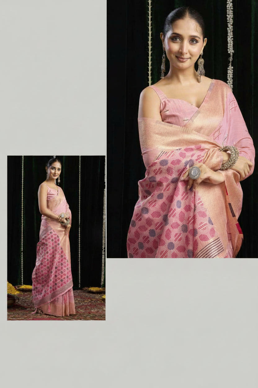 A woman modeling a pink saree with a matching blouse, shown in two inset photos against a dark curtain backdrop. The saree has a pink base with a pattern of muted blue-gray and peach motifs.