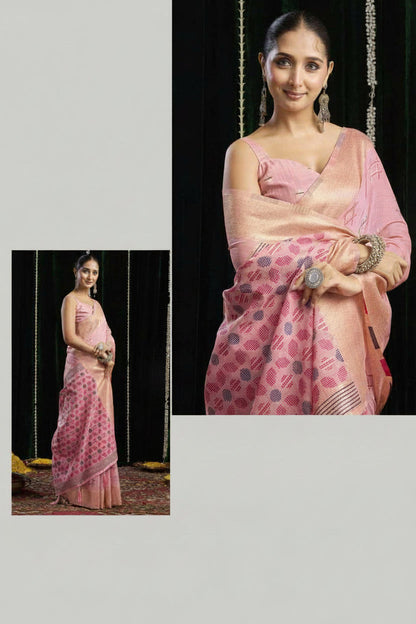 A woman modeling a pink saree with a matching blouse, shown in two inset photos against a dark curtain backdrop. The saree has a pink base with a pattern of muted blue-gray and peach motifs.