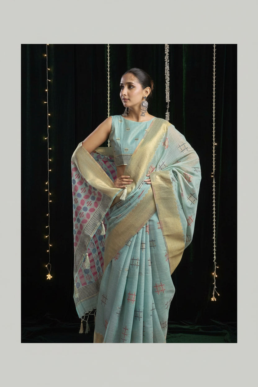 Woman wearing a light blue saree with a patterned blouse, posing against a dark background. Gobuni brand visible.