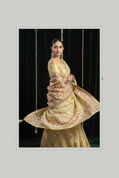 Woman in a traditional saree with 'Gobuni' branding and text.