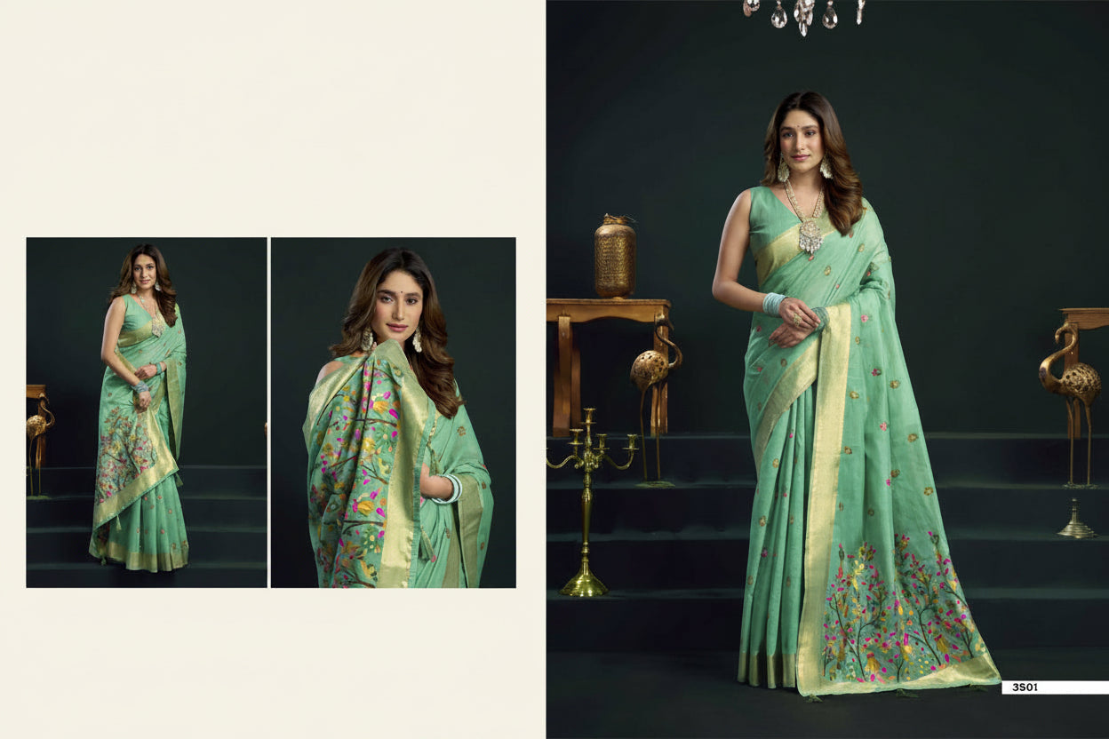 A woman modeling a mint green saree with colorful floral embroidery and a gold border, shown in a split collage layout with two smaller inset views on the left and a larger main view on the right against a dark studio background.