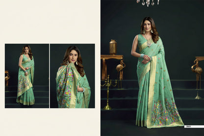 A woman modeling a mint green saree with colorful floral embroidery and a gold border, shown in a split collage layout with two smaller inset views on the left and a larger main view on the right against a dark studio background.