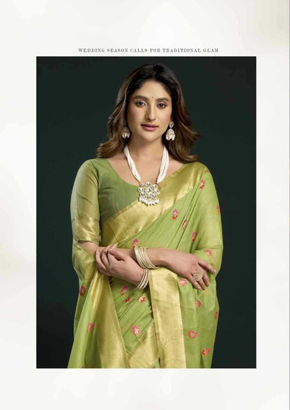 Woman wearing a green saree with a dark background