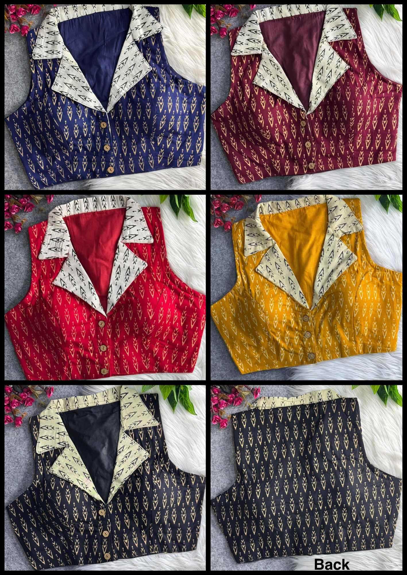 Collage of six sleeveless blouses with different color combinations and patterns.