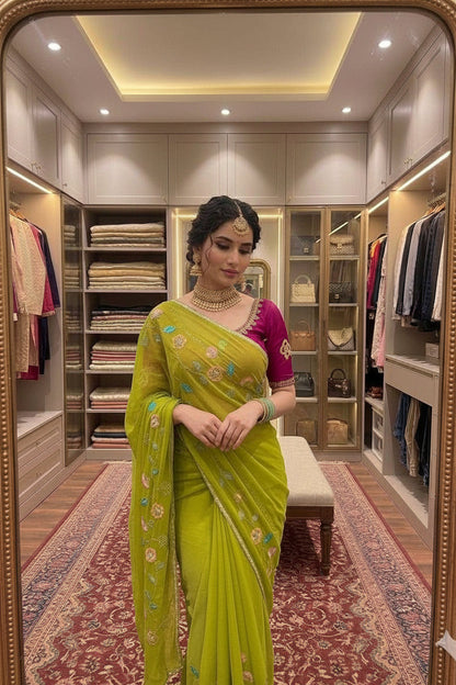 A woman takes a mirror selfie in a luxury walk-in closet, wearing a bright lime green saree with floral embroidery and a pink blouse.
