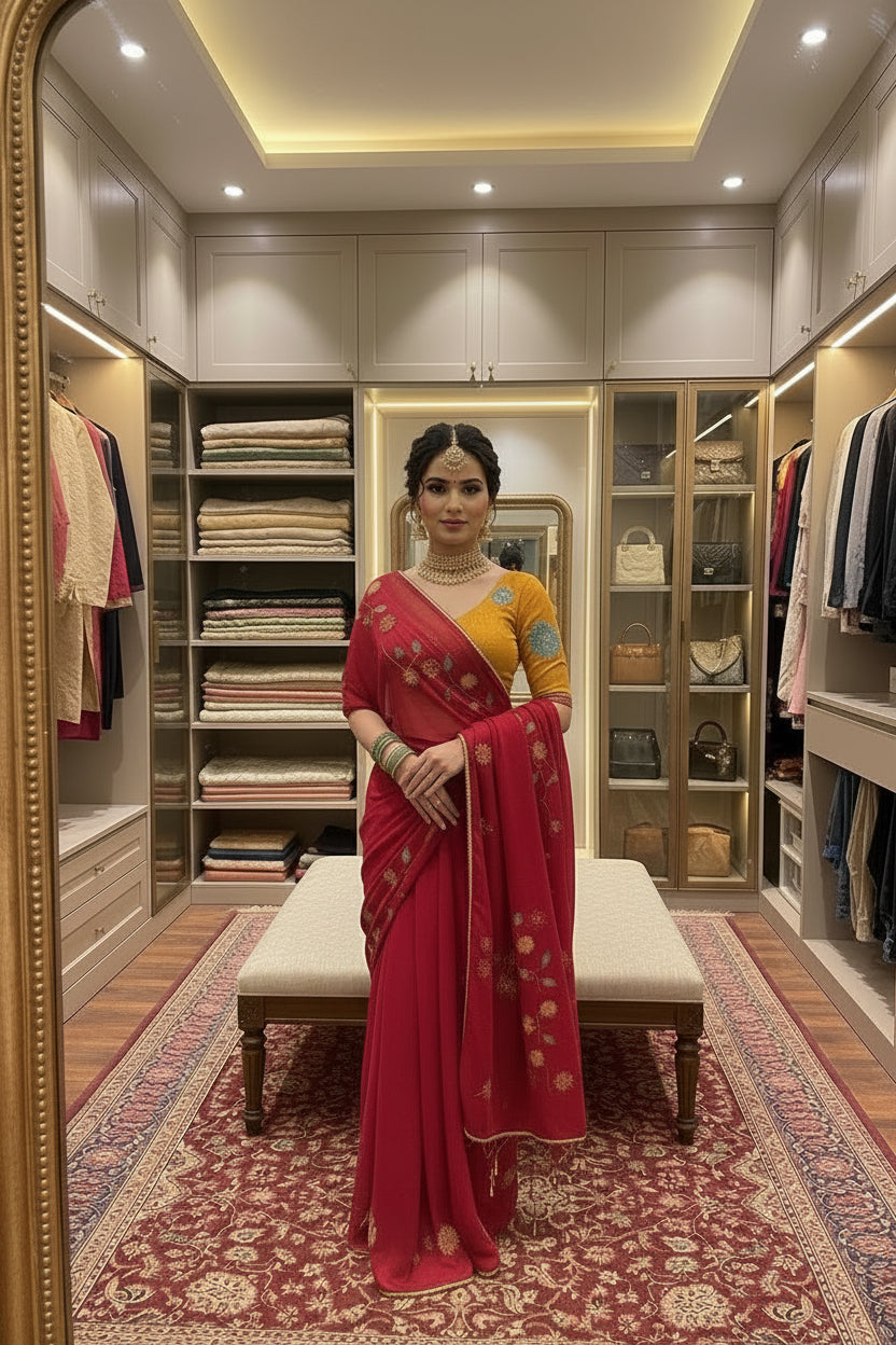 A woman takes a mirror selfie in a luxury walk-in closet wearing a deep red sari with gold floral embroidery and a yellow kurta underneath. The closet features beige cabinetry, glass display cabinets, and a patterned rug.