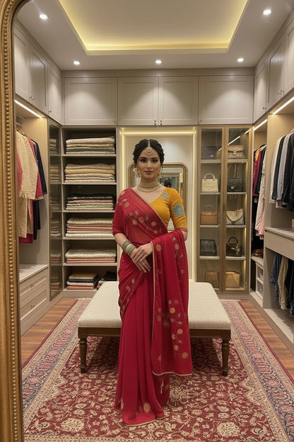 A woman takes a mirror selfie in a luxury walk-in closet wearing a deep red sari with gold floral embroidery and a yellow kurta underneath. The closet features beige cabinetry, glass display cabinets, and a patterned rug.