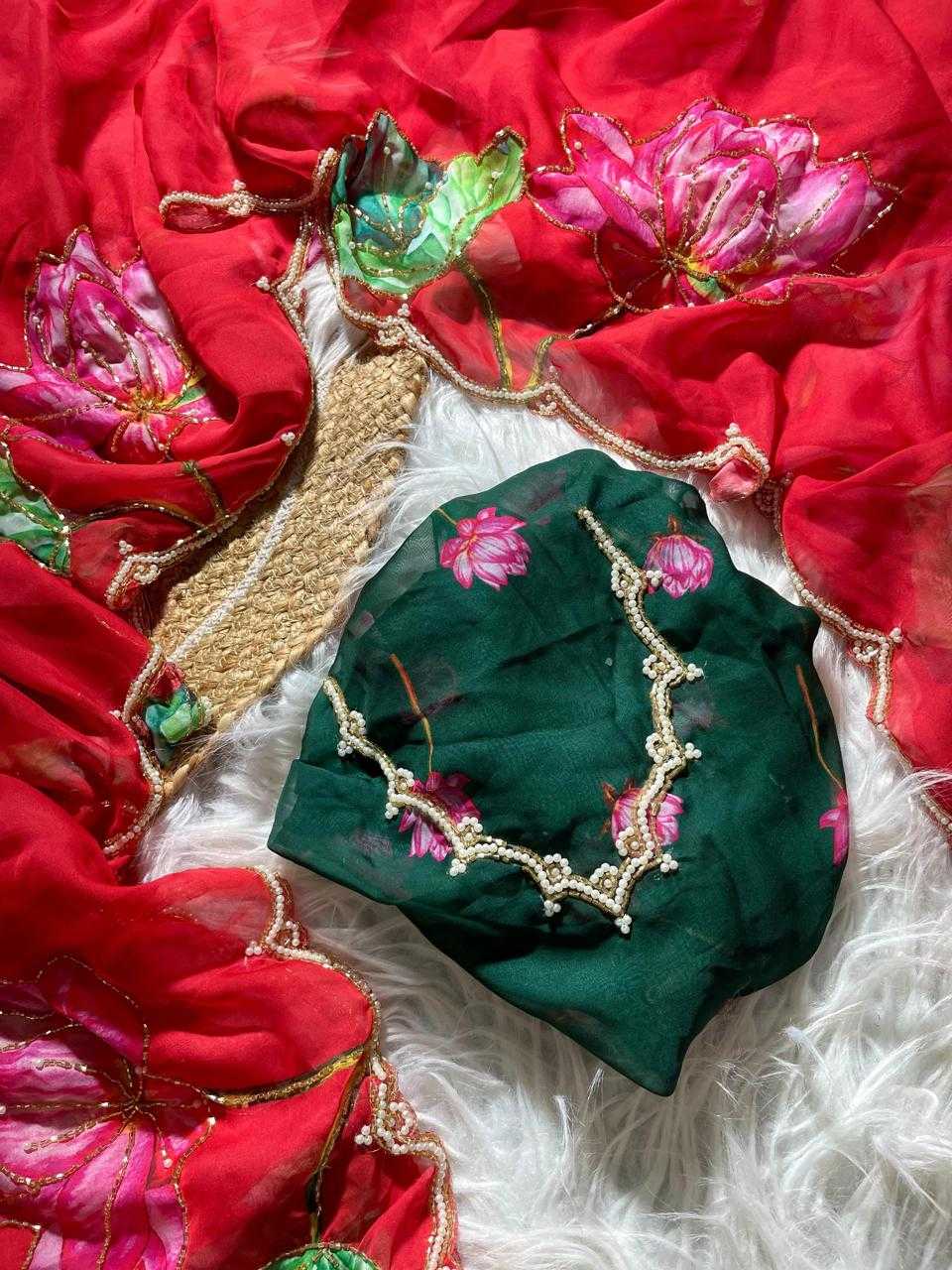 Decorative headpiece with floral elements on a red fabric background