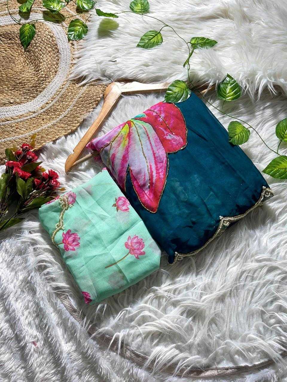 Two fabric pouches or small bags styled on a white faux-fur surface with decorative green leaves, red flowers, a straw hat, and a wooden spoon. One pouch is mint green with pink floral print, and the other is dark teal with a large pink and green leaf motif and gold trim.