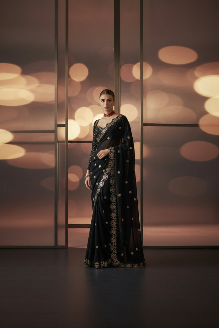 Black saree with gold embroidery displayed on a white background