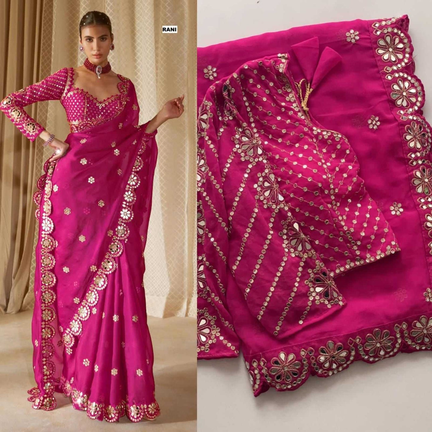 Pink saree with gold embroidery on a neutral background