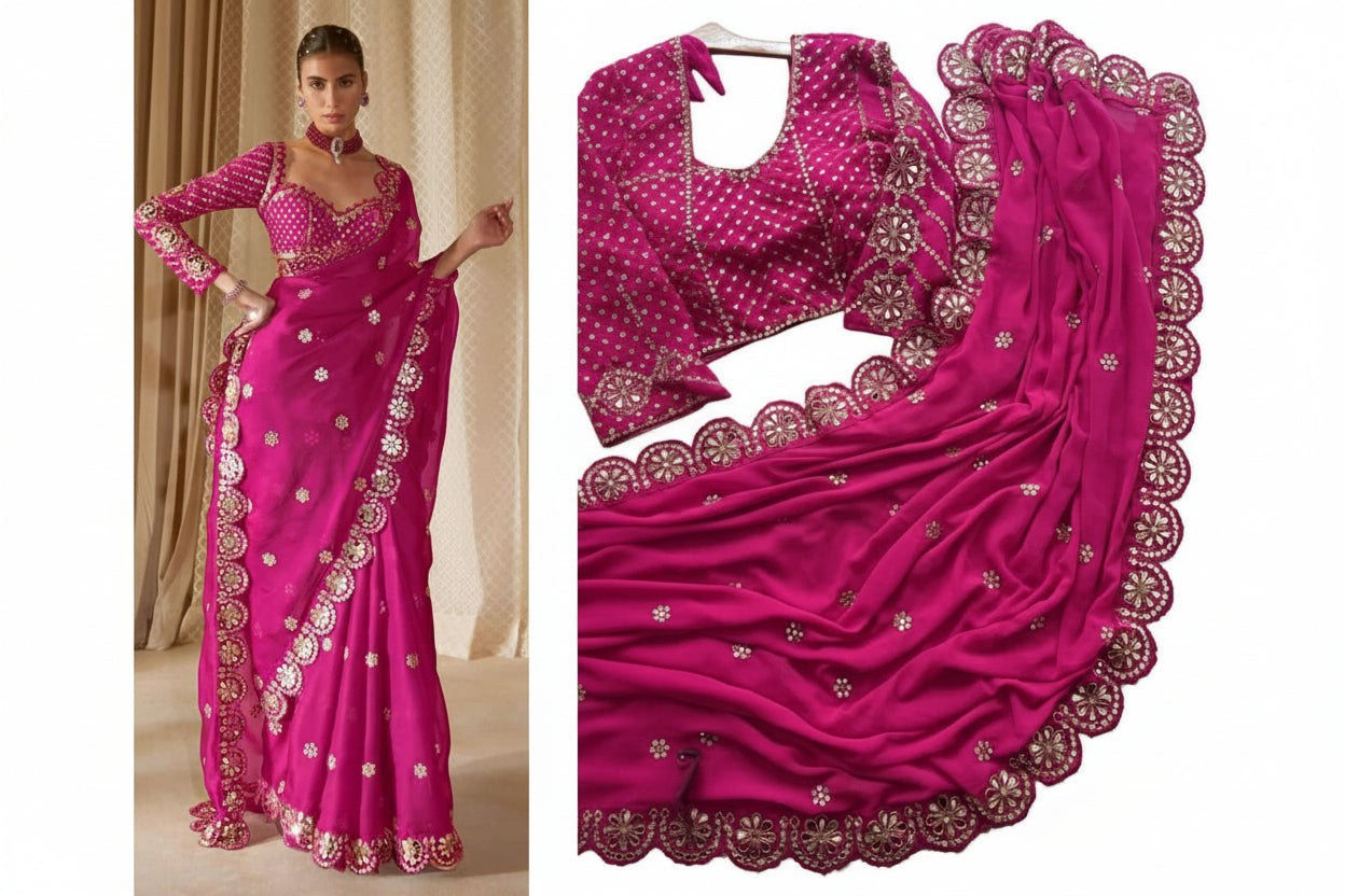 Pink saree with gold embroidery on a plain background