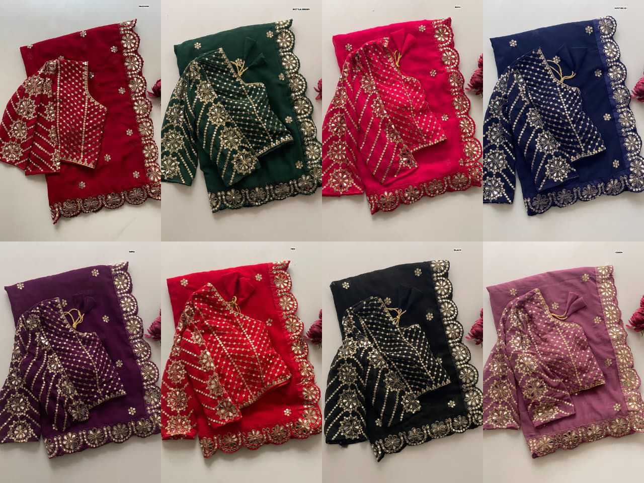 Set of colorful embroidered fabrics arranged in a grid on a white background