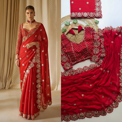 A red traditional saree with ornate gold and silver embroidery, shown on a model in a studio setting and in a close-up detail view. The set includes a matching red blouse with heavy embroidery and a draped dupatta.